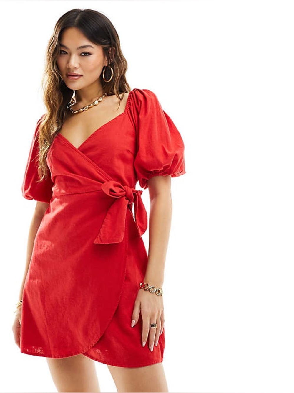Abercrombie & Fitch Linen Red Puff-Sleeve Wrap Dress - Picture 1 of 7